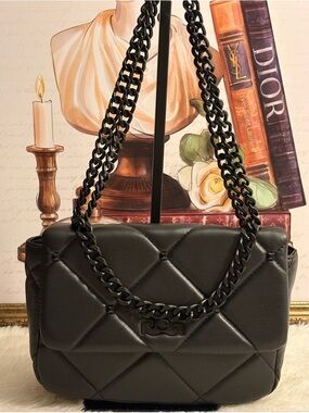 Gilda Paris Quilted Shoulder Bag with Chain Straps - Black